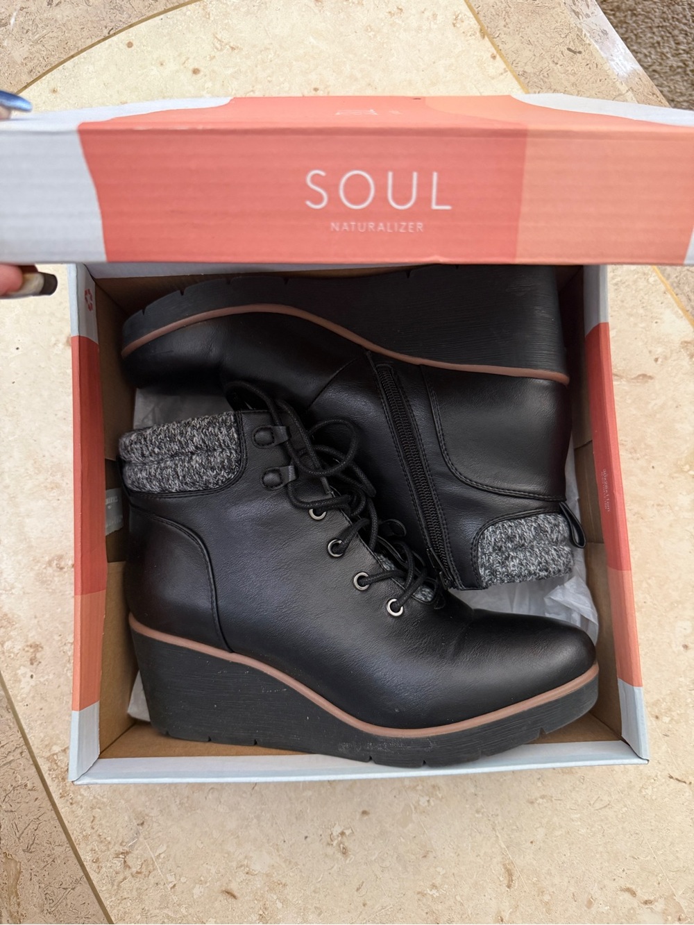 SOUL Naturalizer Black Lace-Up Wedge Ankle Boots with Gray Knit Cuff